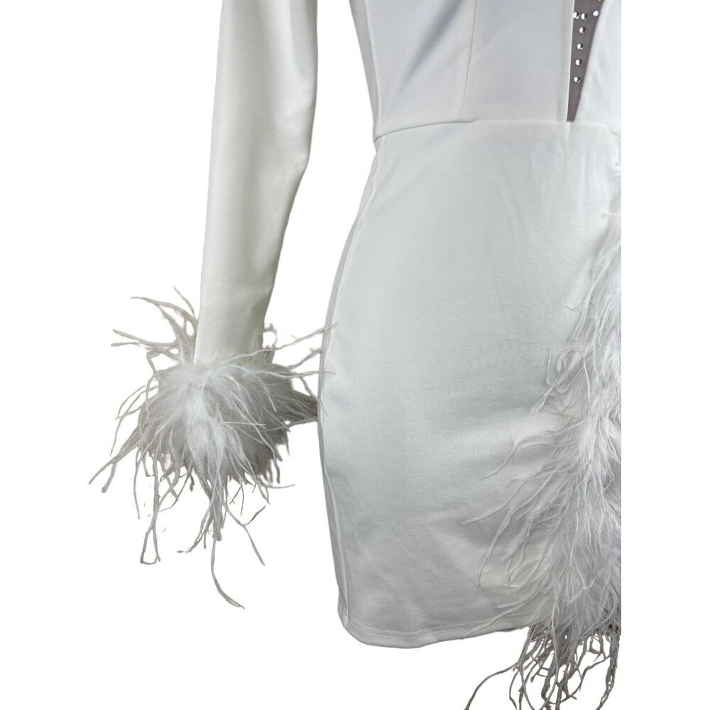 Fashion Nova Trust Fund Please Women's Dress V-Neck Rhinestones Feather Trim XS - Picture 5 of 11